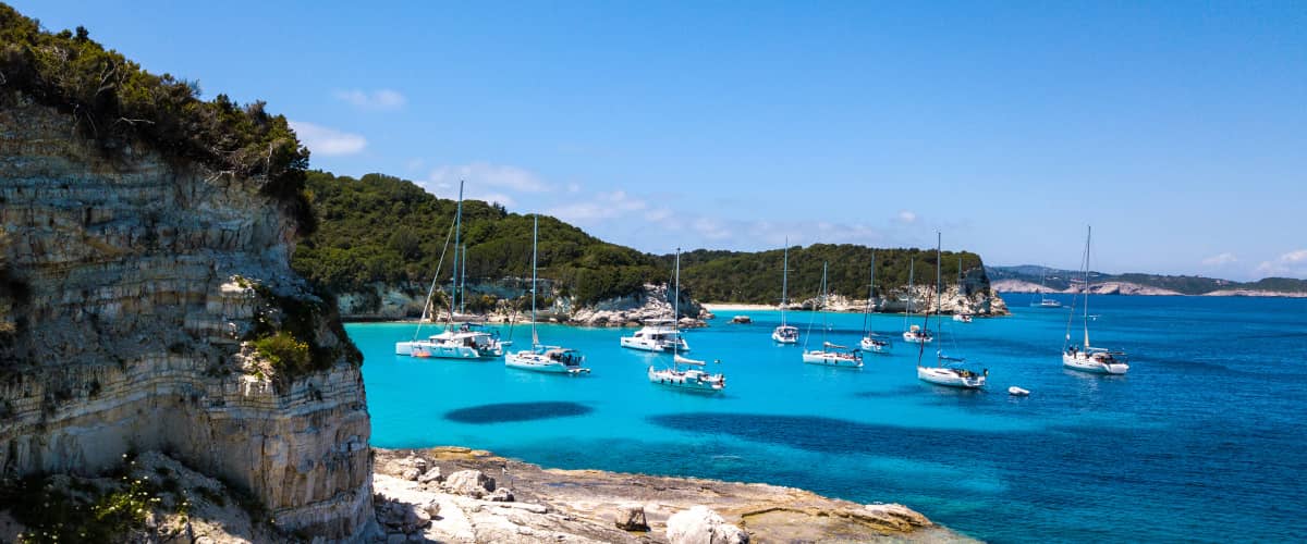 Catamarans Anchoring Corfu Coastline Greece